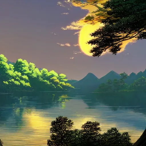 Prompt: a masterpiece detailed beautiful landscape, trees, lake, mountains, golden hour, sunset, by Makoto Shinkai