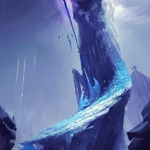 Image similar to a glaive!!! with blue water!! dripping from the top, style of greg rutkowski