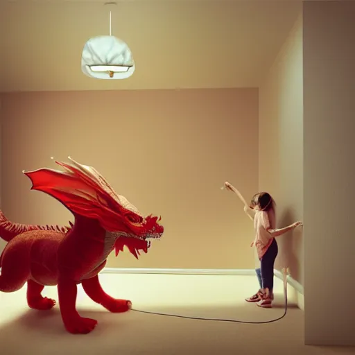 Image similar to young girl riding a giant red dragon stuffed toy in her room painting by beeple, 8k, ultra realistic, digital art