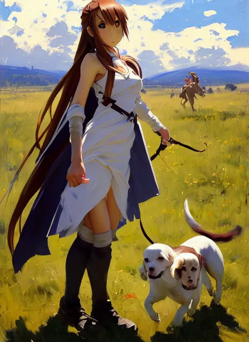 Prompt: Greg Manchess painting of Asuna Yuuki from SAO in casual wear out playing with the dogs, countryside, fantasy character portrait, dynamic pose, above view, sunny day, thunder clouds in the sky, artwork by Jeremy Lipkin and Giuseppe Dangelico Pino and Michael Garmash and Rob Rey, very coherent asymmetrical artwork, sharp edges, perfect face, simple form, wacky, 100mm