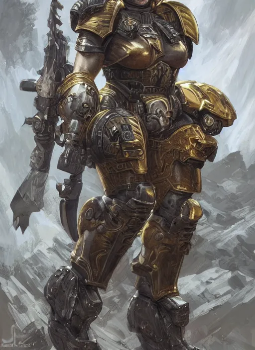 Prompt: very muscled Amazon blonde SPACE MARINE as a ruggedly mean looking heroine, intricate, elegant, highly detailed, centered, digital painting, artstation, concept art, smooth, sharp focus, illustration, art by artgerm and donato giancola and Joseph Christian Leyendecker, WLOP