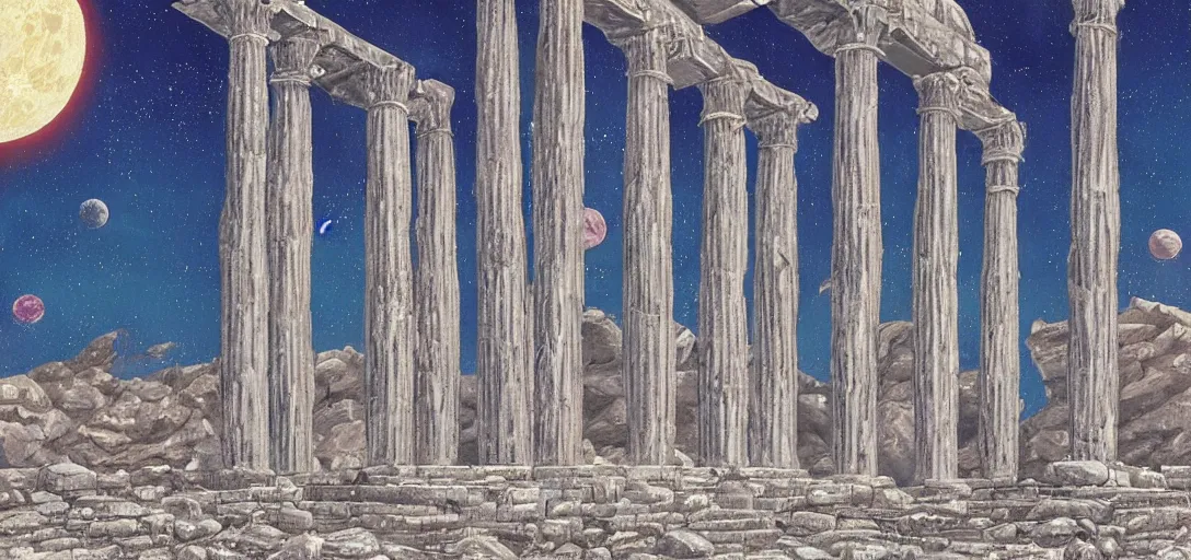 Image similar to The ruins of the Silver Millennium on the moon from Sailor Moon, digital painting, Earth in the distance, Greek-esque columns and ruins