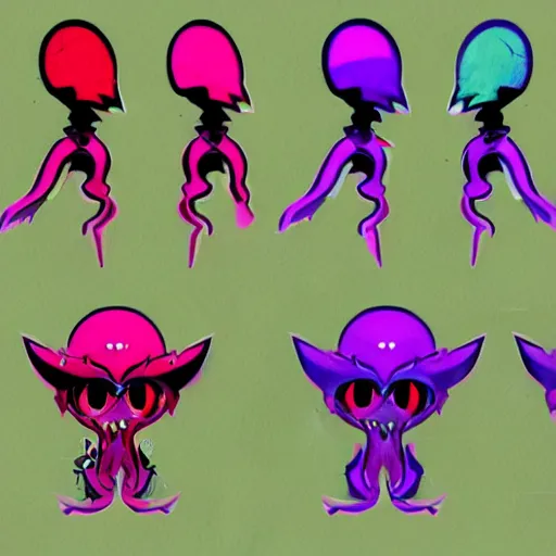 Prompt: character design sheets for a new sinister vampire squid character, artwork in the style of splatoon from nintendo, art by tim schafer from double fine studios, black light, neon, spray paint, punk outfit, tall thin frame, adult character, fully clothed, vampire, spray paint, colorful, jaw breaker color, neon pink, flecks of paint, pop art