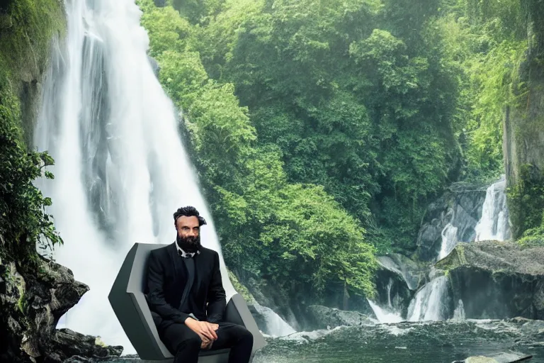 Prompt: young man with a grey beard in a cyberpunk suit sitting on a futuristic chair at the edge of a jungle waterfall