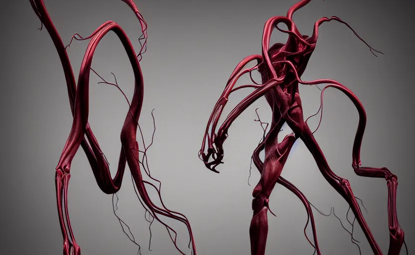 Image similar to anatomical deep red arteries veins flesh stylized shiny polished silver statue full body bizarre extra limbs cosmic horror quadruped animal cow bovine skull four legs made of creature tendrils perfect symmetrical body perfect symmetrical face hyper realistic hyper detailed by johannen voss by michelangelo octane render blender 8 k displayed in pure white studio room