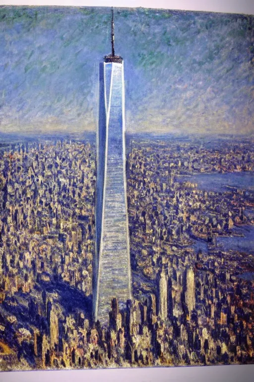 Image similar to One World Trade Center, New York City, illustrated by Claude Monet, very detailed