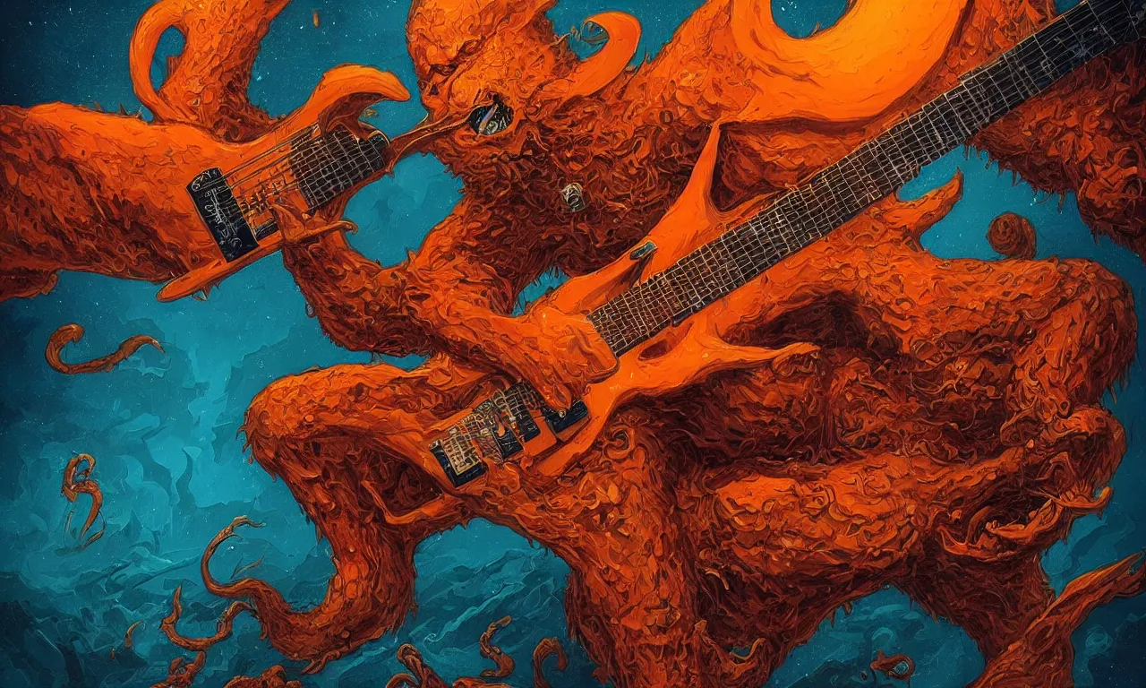 Prompt: an orange colored lovecraftian monster playing a Gibson Flying V electric guitar, digital art by dan mumford and greg rutkowski, highly detailed, trending on artstationhq