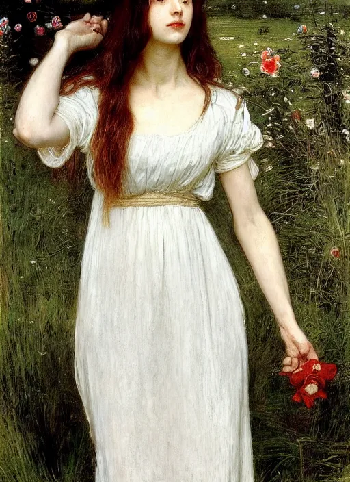 Prompt: an beautiful nurse in a white dress and short sleeves with red long wet flowing hair and shiny wet skin, by John Everett Millais and Dante Gabriel Rossetti and John Collier and john william waterhouse, pre-raphaelite, detailed, trending on artstation, hd, masterpiece