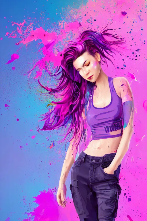 Image similar to a award winning half body porttrait of a beautiful woman in a croptop and cargo pants with ombre purple pink teal hairstyle with head in motion and hair flying, paint splashes, splatter, outrun, vaporware, shaded flat illustration, digital art, trending on artstation, highly detailed, fine detail, intricate