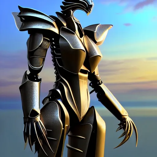 Image similar to chest up bust shot, realistic detailed stunning beautiful armored anthropomorphic humanoid female robot dragon, looking to the side with an elegant pose, smooth and streamlined armor and design made of steel, sharp claws and sharp teeth, high quality head, Slick LEDs, standing on two legs, on the beach during sunset, high quality, cinematic art, sunset lighting, 3D render, 8k, artstation, deviantart, furaffinity