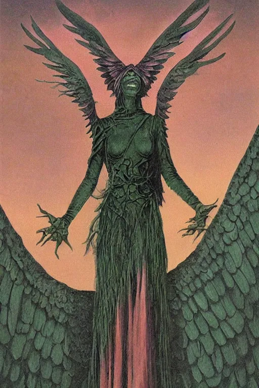Prompt: creepy tarot card of a female green winged angel with talon feet by wayne barlowe