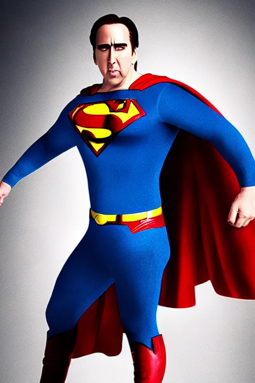 Image similar to nicholas cage as superman, superhero movie, dramatic, studio lighting