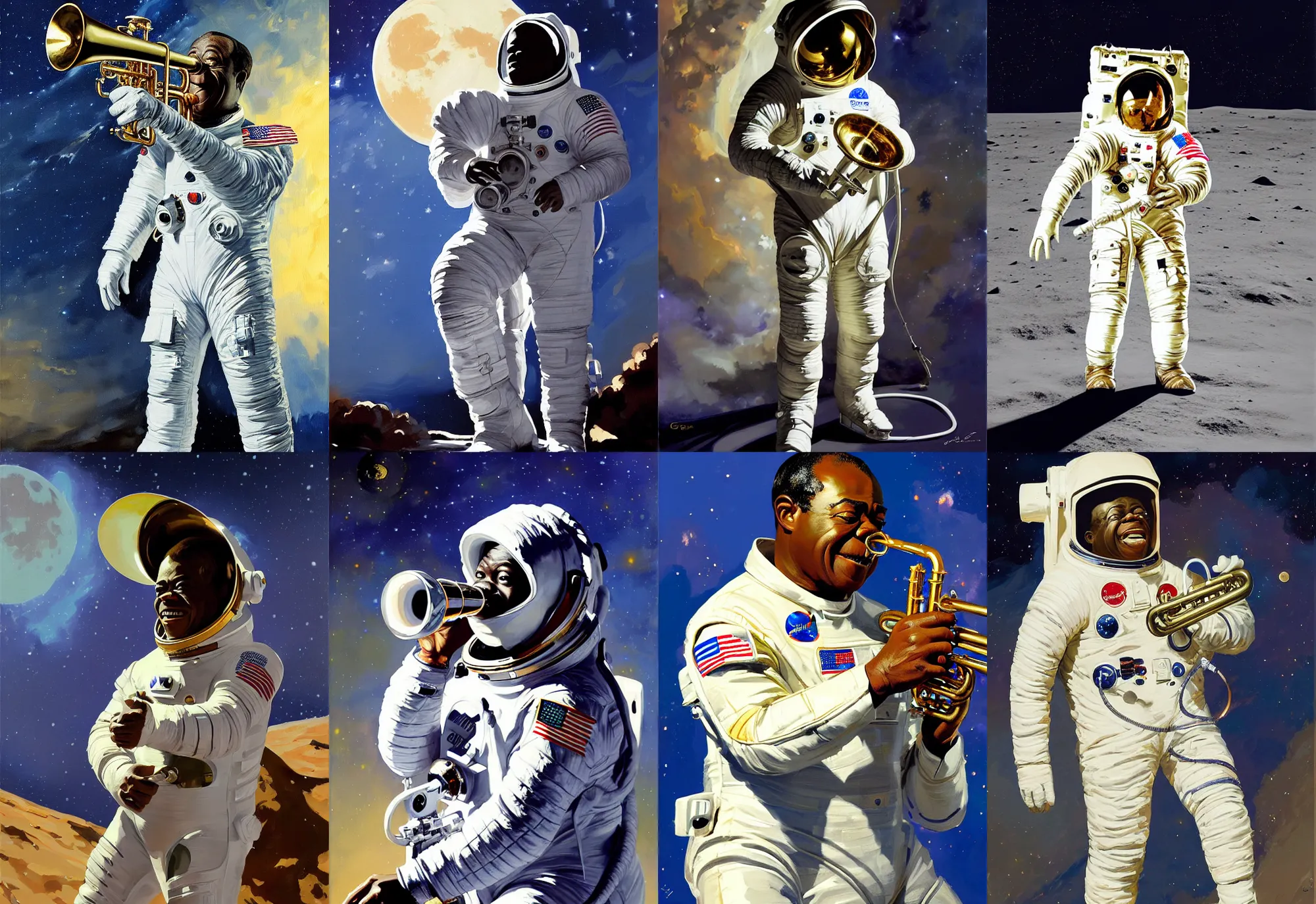 Prompt: a portrait of louis armstrong wearing a space suit on the moon, ( ( ( trumpet ) ) ), by greg manchess and john singer sargent and jonathan yeo, dramatic lighting, highly detailed digital painting