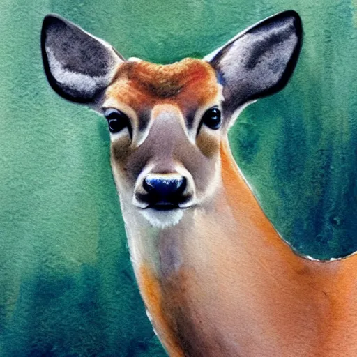 Prompt: a beautiful calming watercolour painting of a deer. soft colours. light. deer portrait. symmetric.