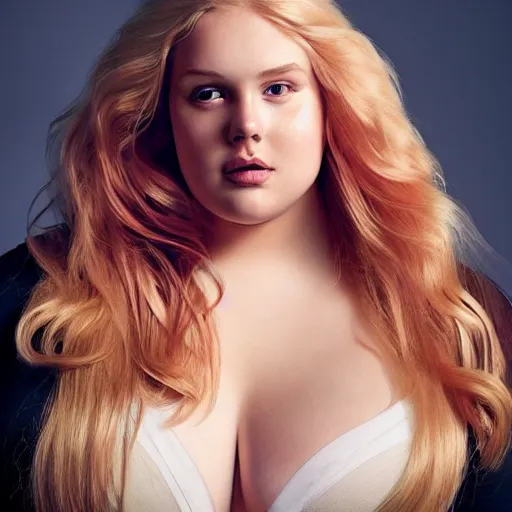 Image similar to a curvy, radiant, bubbly, 2 5 - year - old canadian plus - size model, long strawberry - blond hair, creamy skin, portrait, christopher balaskas