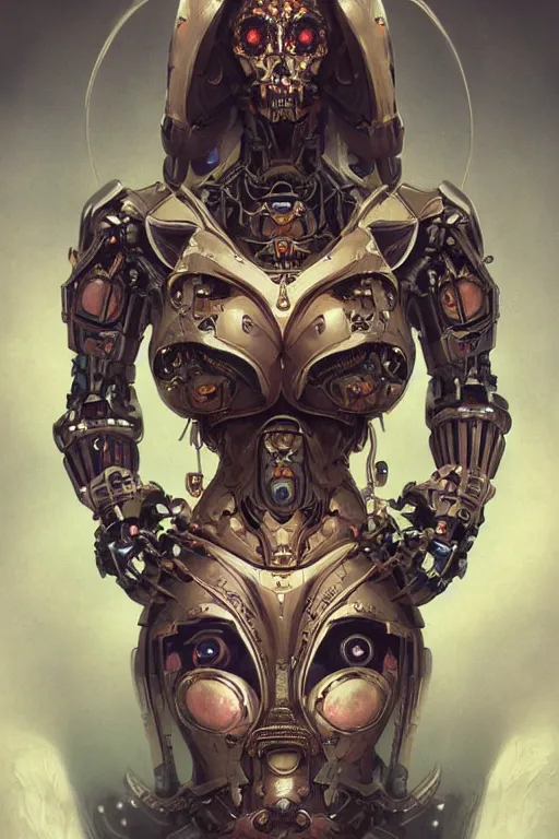 Image similar to twin Alien Robot concubines, facial tattoos, artists portrait, biomechanical, oppai, fantasy, highly detailed, photograph, concept art, sharp focus, depth of field blur, Mandelbrot fractal, art by artgerm and greg rutkowski and alphonse mucha and trevor brown