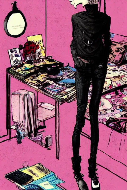 Image similar to a skinny goth guy standing in a cluttered 9 0 s bedroom by jamie hewlett, jamie hewlett art, full body character concept art, vaporwave colors, digital painting, hd, ultra hd, detailed, award winning, small details, artgerm art, sabas apterus art,