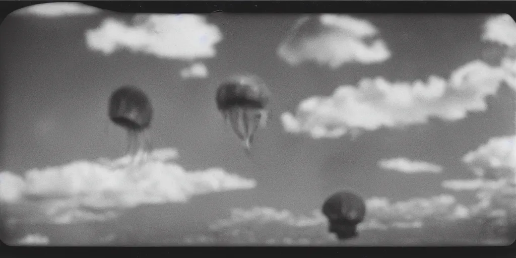 Prompt: vintage analog polaroid photograph of gigantic jellyfish in the sky, large clouds visible, depth of field, glair, heavy film grain, red color bleed, rich azure tones