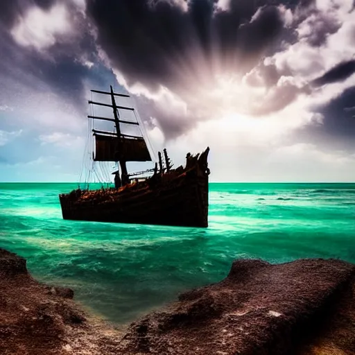 Image similar to wooden shipwreck of old pirate ship on rocks at sea, dramatic lighting, sun beams, god rays illuminating wreck, dark background, gloomy green sea, fantasy art