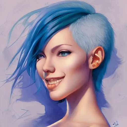 Image similar to a beautiful painting of a smiling woman with stylish short blue hair representative of the art style of artgerm and wlop and peter mohrbacher