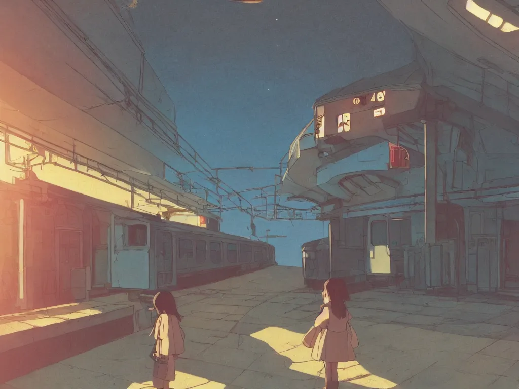 Prompt: portrait of a lone girl waiting for the train, 70s, defined facial features, stanley kubrick the shinning, vibrant colors americana, cinematic, volumetric lighting, god rays, sunset, realistic, photorealism, highly detailed, digital art, illustration, screenshot from the anime by studio ghibli