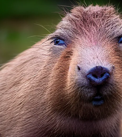 Image similar to award winning 5 5 mm close up portrait color photo of a capybara with pink slime oozing out of its nose, in a park by luis royo. soft light. sony a 7 r iv