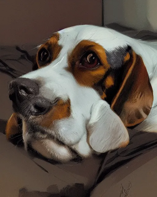 Image similar to detailed portrait of beagle lying on the bed by ismail inceoglu dragan bibin hans thoma greg rutkowski alexandros pyromallis nekro rene maritte illustrated, fine details, realistic shaded, fine - face, pretty