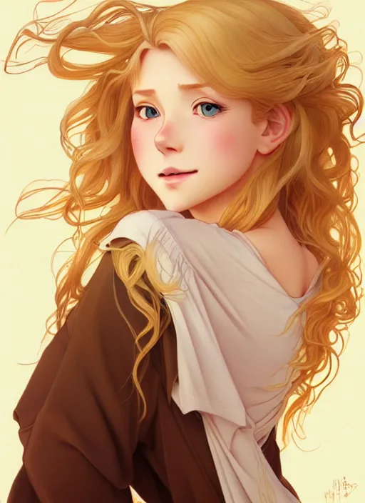 Image similar to young blond girl with long curly, golden hair, perfectly proportioned face, brown eyes, sweet smile, strong jawline,, natural lighting, path traced, highly detailed, high quality, cartoon, digital painting, by new haicheng and studio ghibli and alphonse mucha