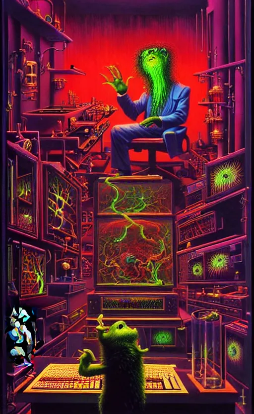 Prompt: a hyperrealistic 3 d painting of an ornate supreme dark overlord synthesizing creatures at his laboratory workstation, glowing clear liquid filled glass chambers, cinematic horror by the art of skinner, chris cunningham, lisa frank, richard corben, highly detailed, vivid color,