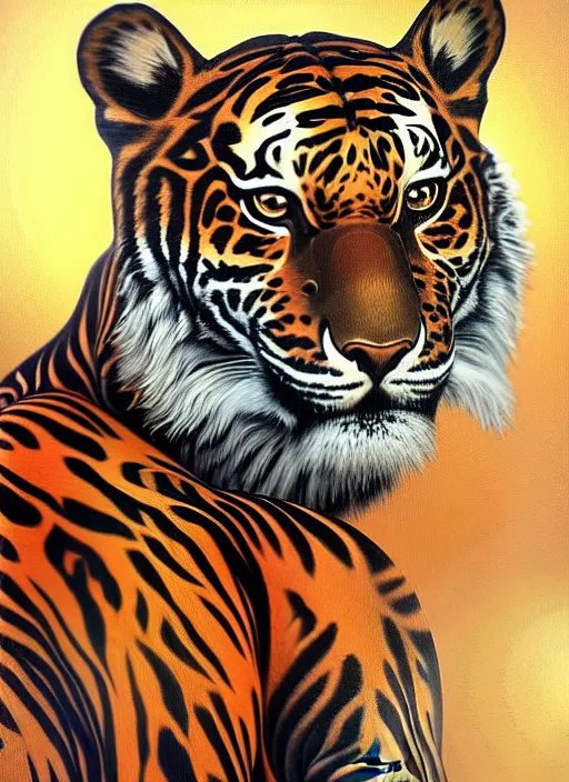 Image similar to oil portrait of tony tiger, intricate, elegant, highly detailed, lighting, painting, artstation, smooth, illustration, art by greg rutowski and alphonse mucha