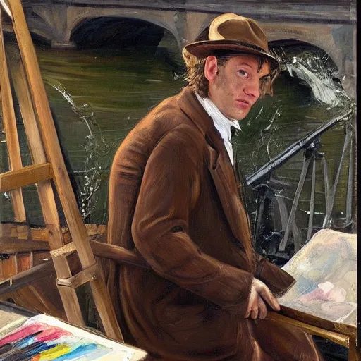 Image similar to high quality high detail painting by lucian freud, hd, ewan mcgregor painting a canvas on easel by river seine dressed as a gentleman in paris at early 2 0 th century. brown cat with him