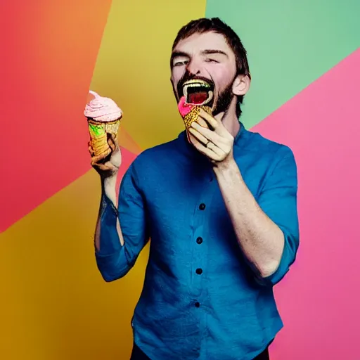 Image similar to thom york excitedly eating several colorful ice cream cones