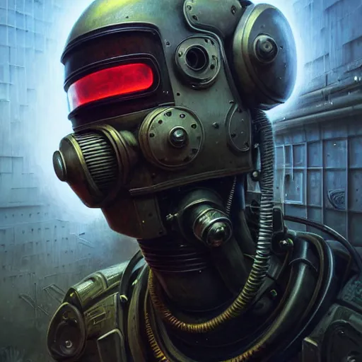 Image similar to low angle shot of a cyberpunk gazmask robot character wearing a gazmask in chernobyl, intricate, elegant, highly detailed, centered, digital painting, artstation, concept art, smooth, sharp focus, illustration, artgerm, Tomasz Alen Kopera, Peter Mohrbacher, donato giancola, Joseph Christian Leyendecker, WLOP, Boris Vallejo