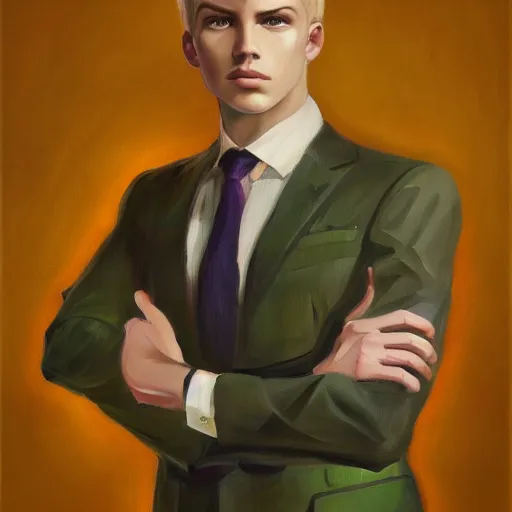 Image similar to A beautiful painting of a young man, blonde, wearing a suit, oil painting, green eyes, gloomy lighting, hyper detailed, trending on artstation