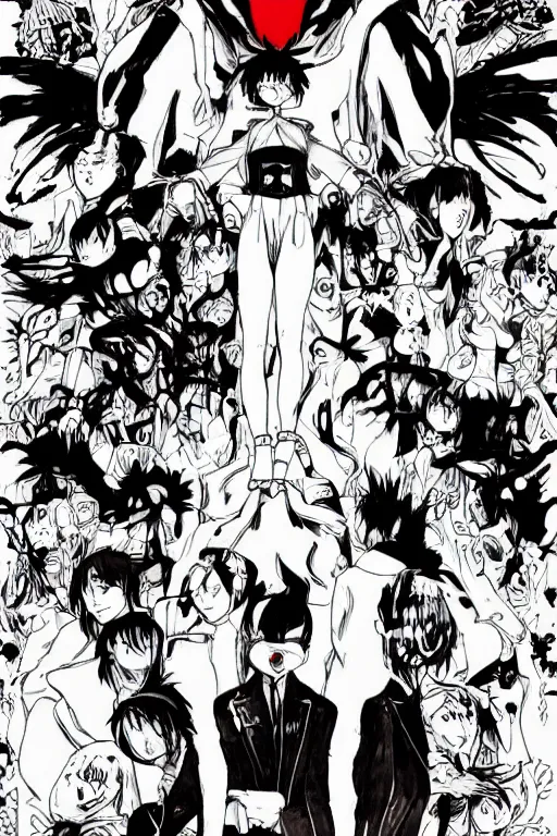 Prompt: studio gainax illustration, symmetry, the devil and god are raging inside me, epic composition, punk rock, junji ito, studio ghibli, studio trigger, orange and red, white and black, gods and demons