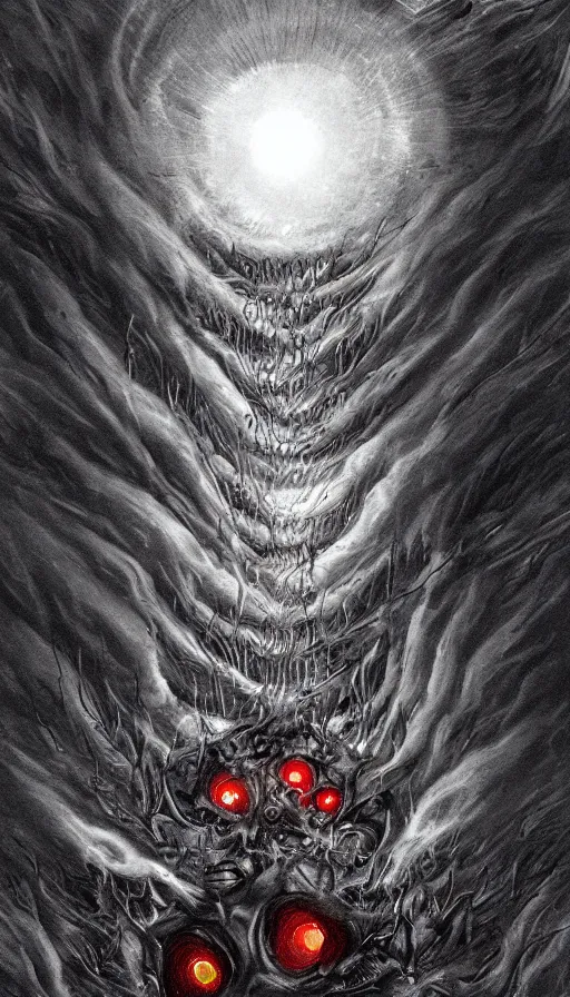 Prompt: a storm vortex made of many demonic eyes and teeth, by jesper esjing