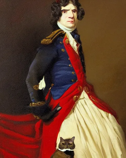Prompt: dark brown cat with serious expression wearing 1 8 th century royal guard uniform in navy blue and red, joseph ducreux, greg rutkowski, regal, stately, royal portrait, painting