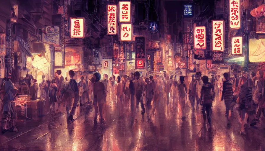 Prompt: Digital painting of cat walking in the crowded and lighted streets of Osaka at night, hyperdetailed, artstation, cgsociety, 8k