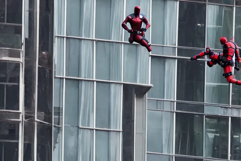 Prompt: 85mm Deadpool jumps off helicopter and smashes through high rise window by Emmanuel Lubezki