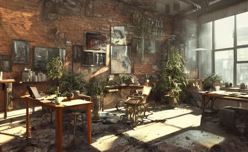 Prompt: a stylish artist studio interior, messy, many plants, brick walls, painting by Craig Mullins, octane rendering, warm moody lighting, wide angle lens, low view, in the style of blade runner, trending on artstation, 8k,