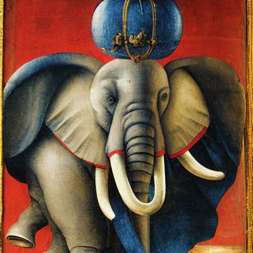 Image similar to elephant, red white blue, hieronymus bosch