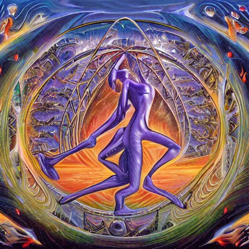 Prompt: the crucible by alex grey and thomas kinkade