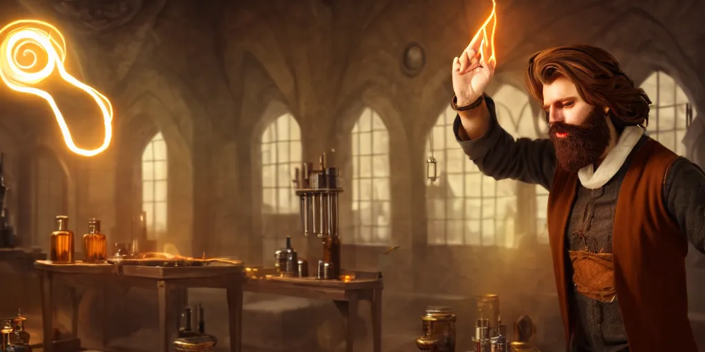 Prompt: scene of a handsome bearded caucasian male sorcerer with brown hair he is casting a spell that is emanating from his hands he is in a alchemist lab, action pose, digital art, photoreal, 4 k, unreal engine