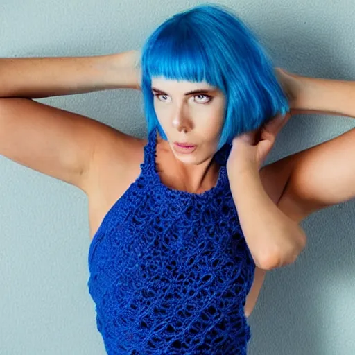 Prompt: A photo of a caucasian female model with blue hair wearing a crocheted croptop