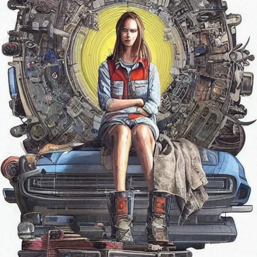 Image similar to “illustation of a woman sitting in a junkyard. Overalls and tools . Science fiction. Intricate digital painting. Art by Mœbius. Character portrait. Character design. Concept art. Symmetrical face. Detailed realistic face.”