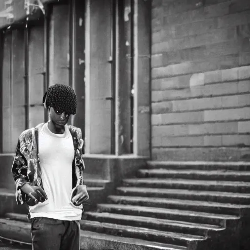 Image similar to black and white fashion photograph, highly detailed portrait of a depressed drug dealer sitting on the bench on a busy street, looking into camera, natural light, rain, mist, lomo, fashion photography, film grain, soft vignette, sigma 85mm f/1.4 1/10 sec shutter