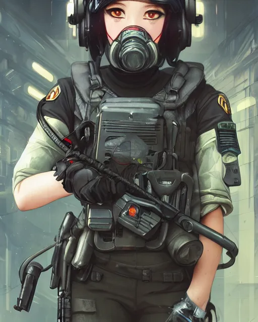 Image similar to anime key visual of a young female swat officer, neon, gas mask, cyberpunk, futuristic, stunning, highly detailed, digital painting, artstation, smooth, soft focus, illustration, art by artgerm and greg rutkowski and alphonse mucha