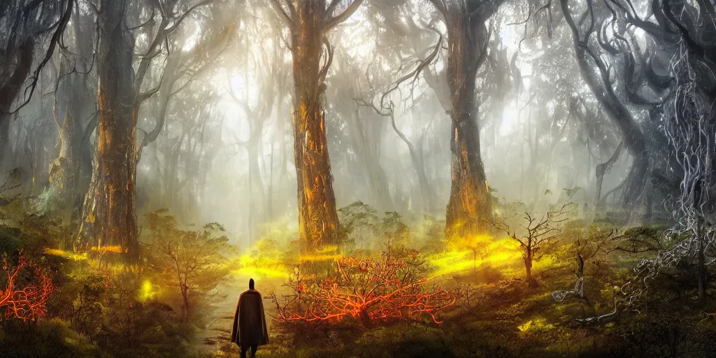 Prompt: a wizard walking through a forest of ancient neurons with yellow and red glowing synapses running through the forest fueling the matriarch of trees in the mountains, light creeps through the dense jungle, jungle mountains in the background with huge incredibly immense trees, highly detailed, hyperrealism, trending on art station, ancient forest like fanal forest or fangorn forest, misty forest, realistic painting, sharp image, hyper realistic art, highly detailed leaves, cinematic, art by konstantin razumov, chiaroscuro