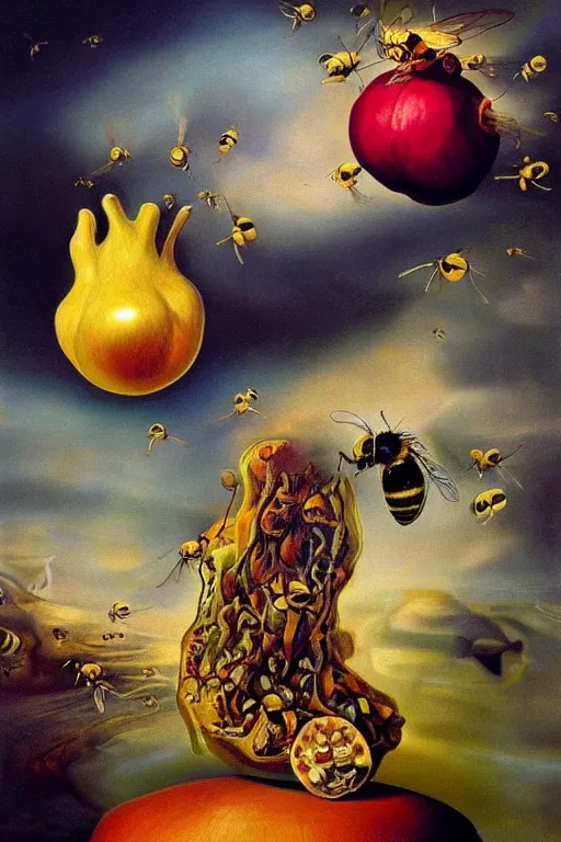 Image similar to a dream within a dream within a dream caused by the flight of a bee around a pomegranate a second before waking by salvador dali, hyperrealistic oil painting, trending on artstation, hyperdetailed, masterpiece