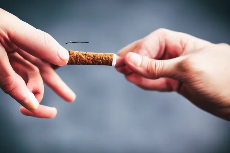 Image similar to Close-up of cigarette in five fingers, thin soft hand holding cigarette, hyper realistic, photographic style